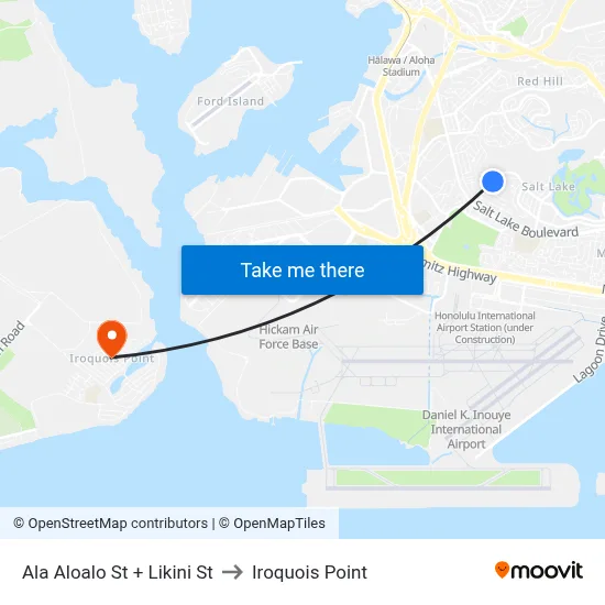 Ala Aloalo St + Likini St to Iroquois Point map