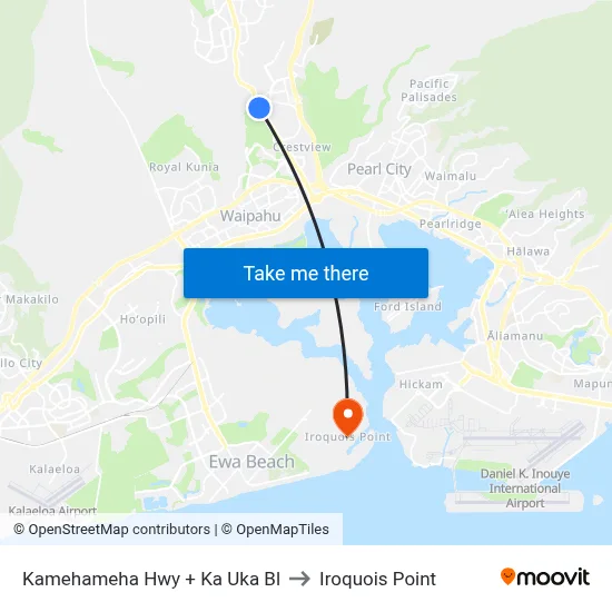 Kamehameha Hwy + Ka Uka Bl to Iroquois Point map