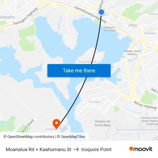 Moanalua Rd + Kaahumanu St to Iroquois Point map