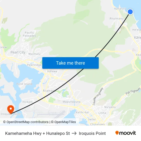 Kamehameha Hwy + Hunalepo St to Iroquois Point map