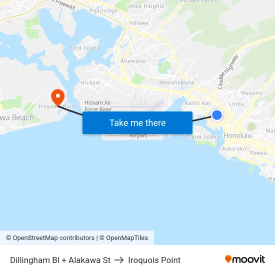 Dillingham Bl + Alakawa St to Iroquois Point map