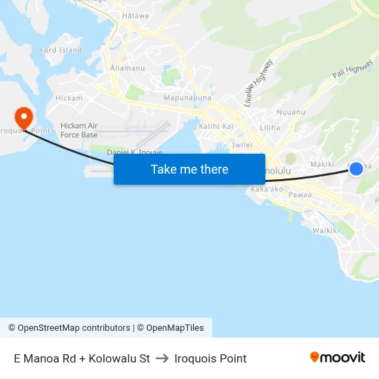 E Manoa Rd + Kolowalu St to Iroquois Point map