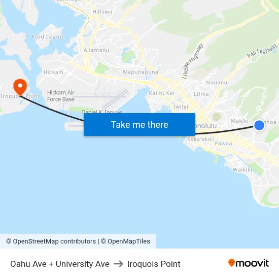 Oahu Ave + University Ave to Iroquois Point map