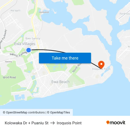 Kolowaka Dr + Puaniu St to Iroquois Point map