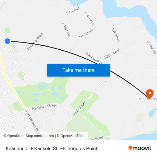 Keaunui Dr + Kaukolu St to Iroquois Point map