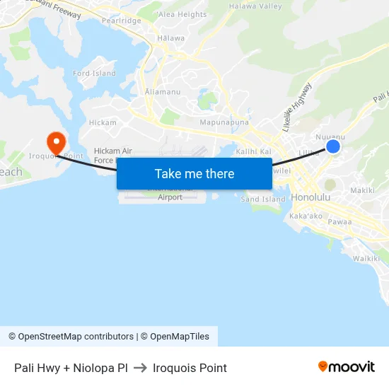 Pali Hwy + Niolopa Pl to Iroquois Point map