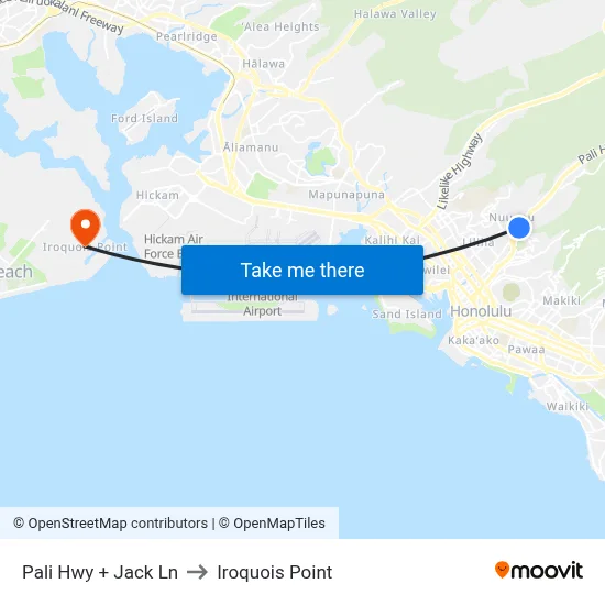 Pali Hwy + Jack Ln to Iroquois Point map