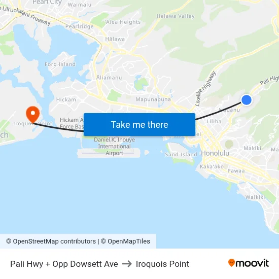 Pali Hwy + Opp Dowsett Ave to Iroquois Point map
