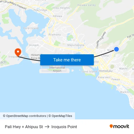 Pali Hwy + Ahipuu St to Iroquois Point map