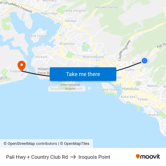 Pali Hwy + Country Club Rd to Iroquois Point map