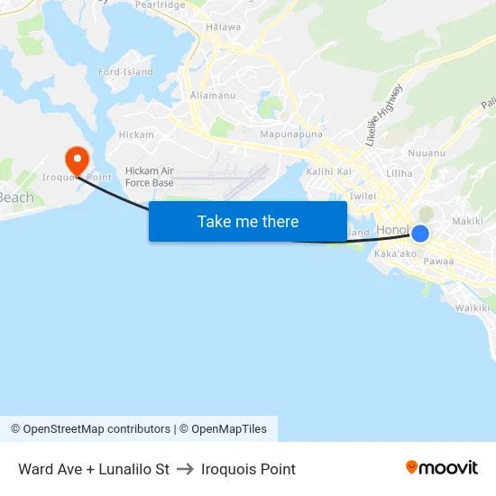 Ward Ave + Lunalilo St to Iroquois Point map