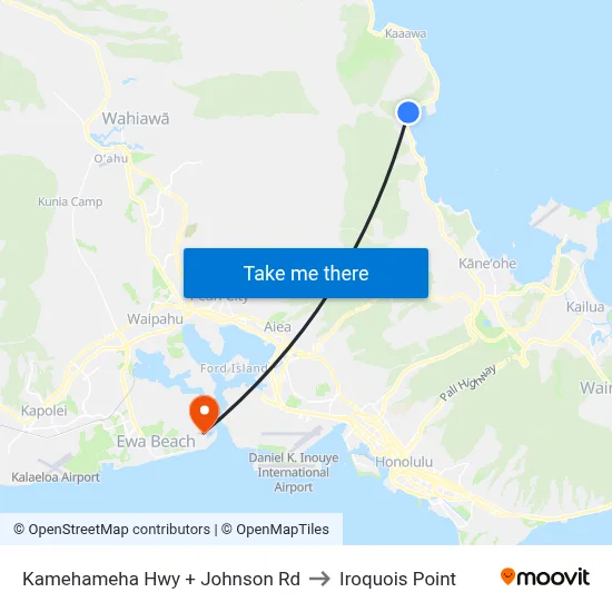 Kamehameha Hwy + Johnson Rd to Iroquois Point map