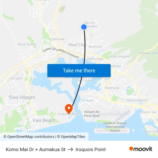 Komo Mai Dr + Aumakua St to Iroquois Point map