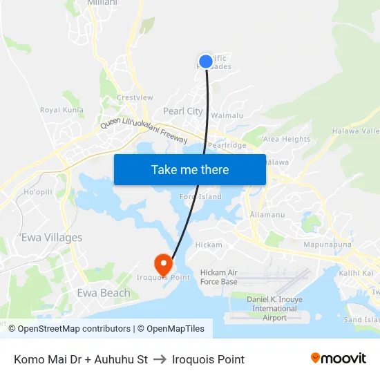 Komo Mai Dr + Auhuhu St to Iroquois Point map