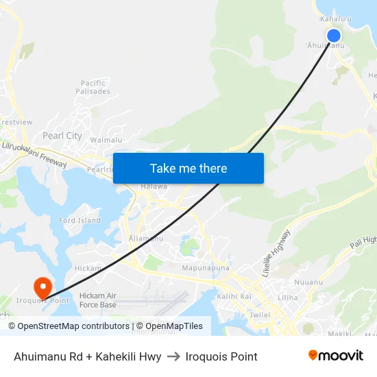 Ahuimanu Rd + Kahekili Hwy to Iroquois Point map