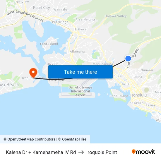 Kalena Dr + Kamehameha IV Rd to Iroquois Point map