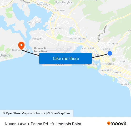Nuuanu Ave + Pauoa Rd to Iroquois Point map