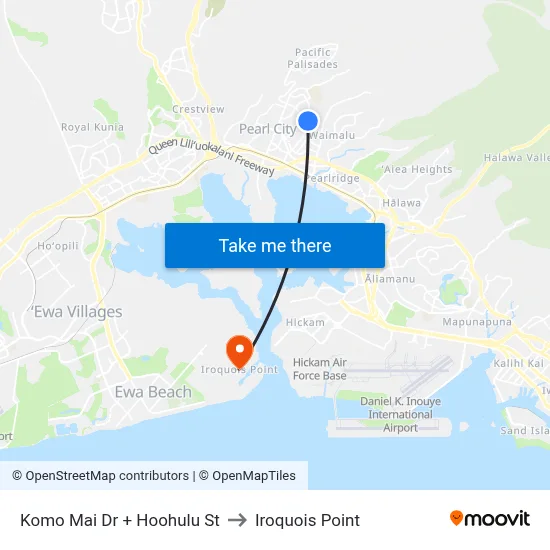 Komo Mai Dr + Hoohulu St to Iroquois Point map