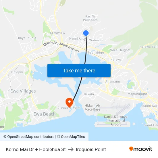 Komo Mai Dr + Hoolehua St to Iroquois Point map