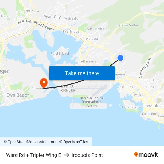 Ward Rd + Tripler Wing E to Iroquois Point map