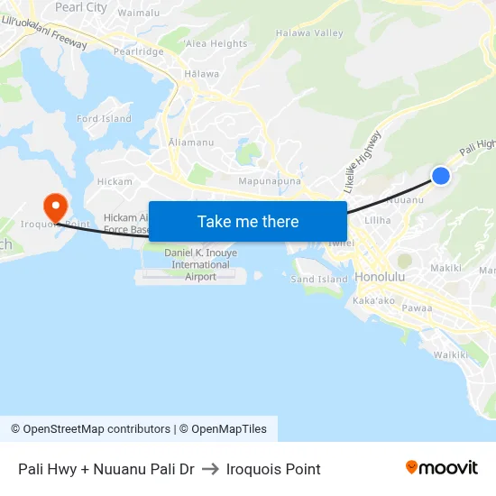 Pali Hwy + Nuuanu Pali Dr to Iroquois Point map