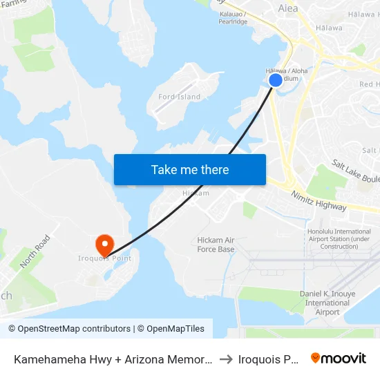 Kamehameha Hwy + Arizona Memorial Pl to Iroquois Point map