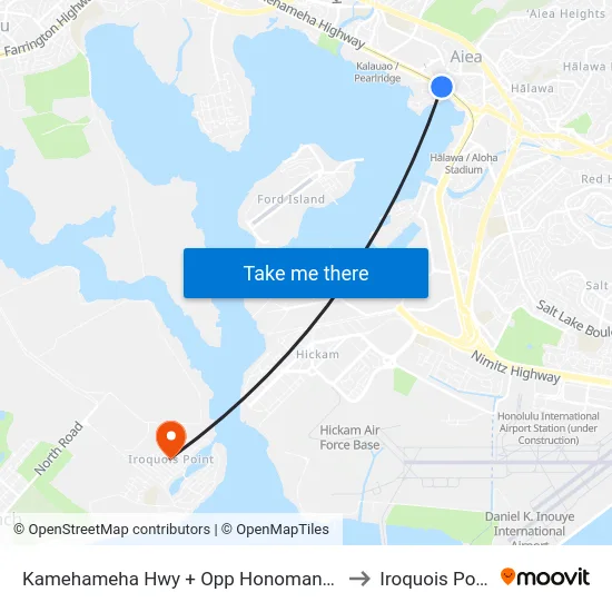 Kamehameha Hwy + Opp Honomanu St to Iroquois Point map
