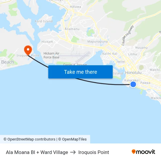 Ala Moana Bl + Ward Village to Iroquois Point map