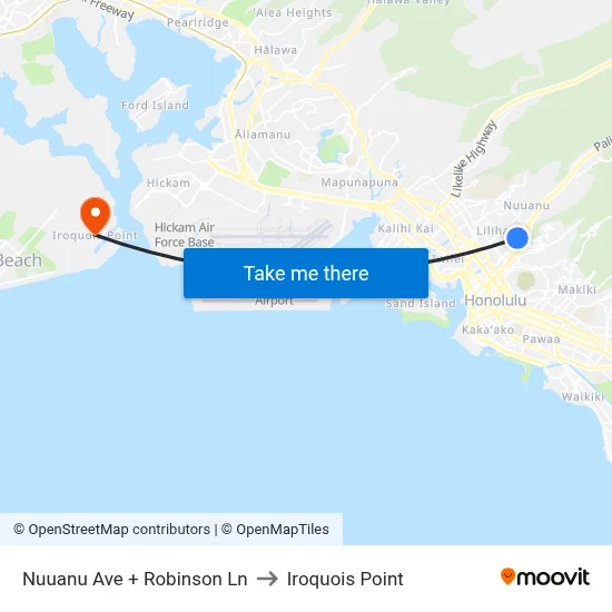 Nuuanu Ave + Robinson Ln to Iroquois Point map