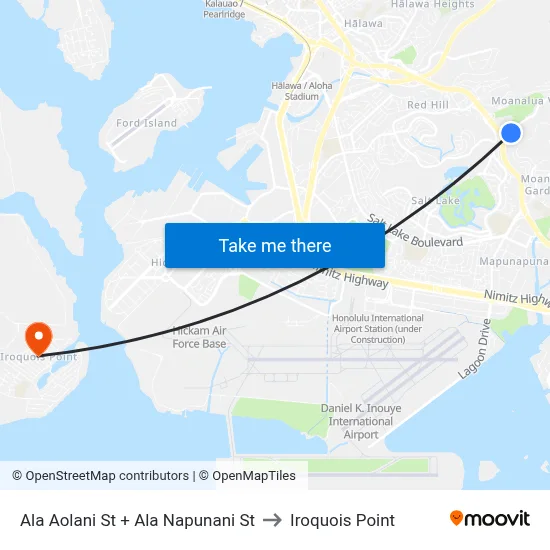 Ala Aolani St + Ala Napunani St to Iroquois Point map