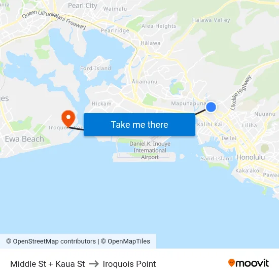 Middle St + Kaua St to Iroquois Point map