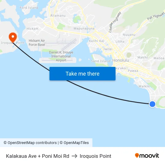 Kalakaua Ave + Poni Moi Rd to Iroquois Point map