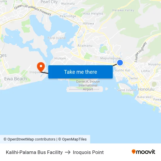 Kalihi-Palama Bus Facility to Iroquois Point map