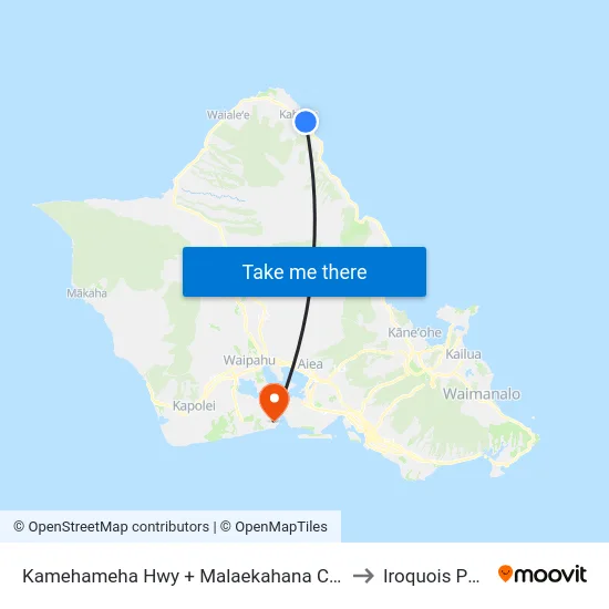 Kamehameha Hwy + Malaekahana Cabins to Iroquois Point map