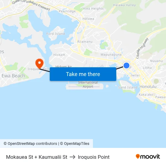 Mokauea St + Kaumualii St to Iroquois Point map