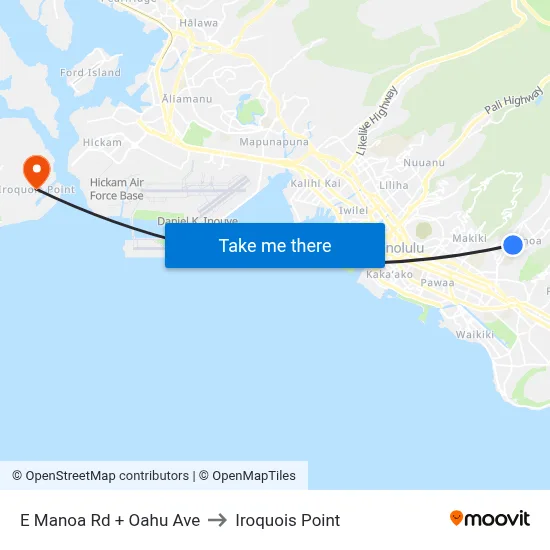 E Manoa Rd + Oahu Ave to Iroquois Point map