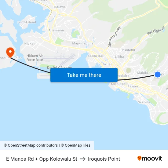 E Manoa Rd + Opp Kolowalu St to Iroquois Point map
