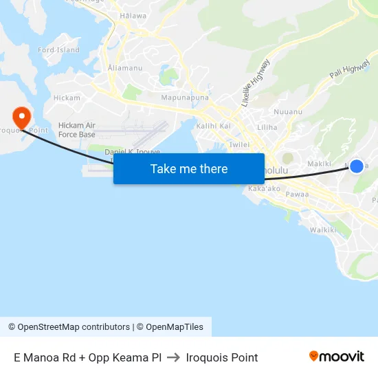 E Manoa Rd + Opp Keama Pl to Iroquois Point map