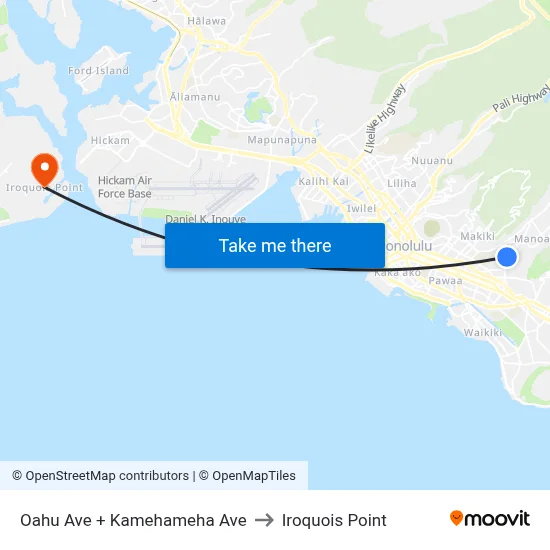Oahu Ave + Kamehameha Ave to Iroquois Point map