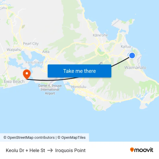 Keolu Dr + Hele St to Iroquois Point map