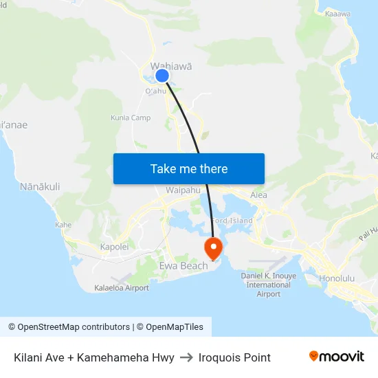Kilani Ave + Kamehameha Hwy to Iroquois Point map