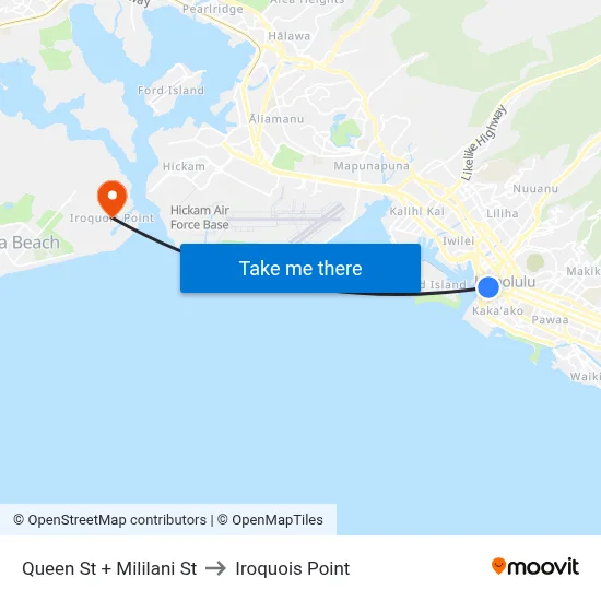Queen St + Mililani St to Iroquois Point map