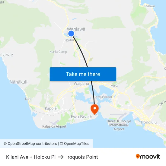 Kilani Ave + Holoku Pl to Iroquois Point map