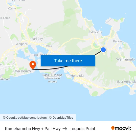 Kamehameha Hwy + Pali Hwy to Iroquois Point map