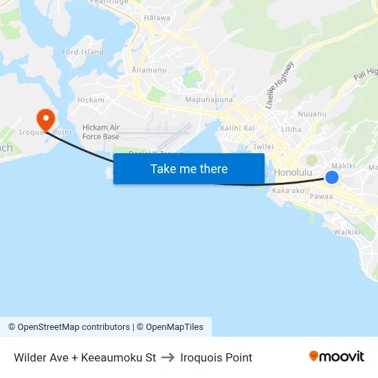 Wilder Ave + Keeaumoku St to Iroquois Point map