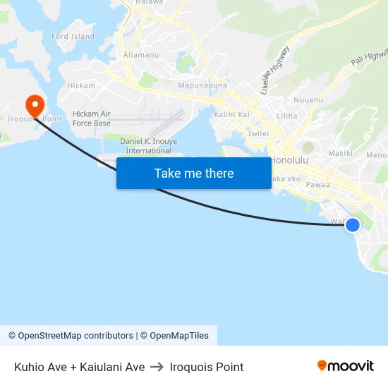 Kuhio Ave + Kaiulani Ave to Iroquois Point map
