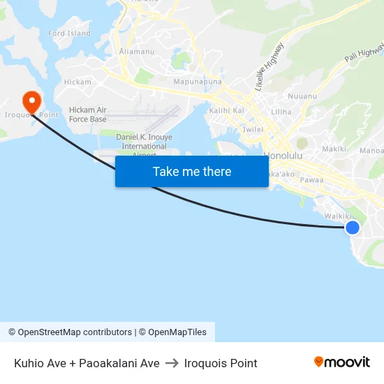 Kuhio Ave + Paoakalani Ave to Iroquois Point map