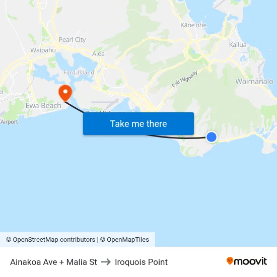 Ainakoa Ave + Malia St to Iroquois Point map