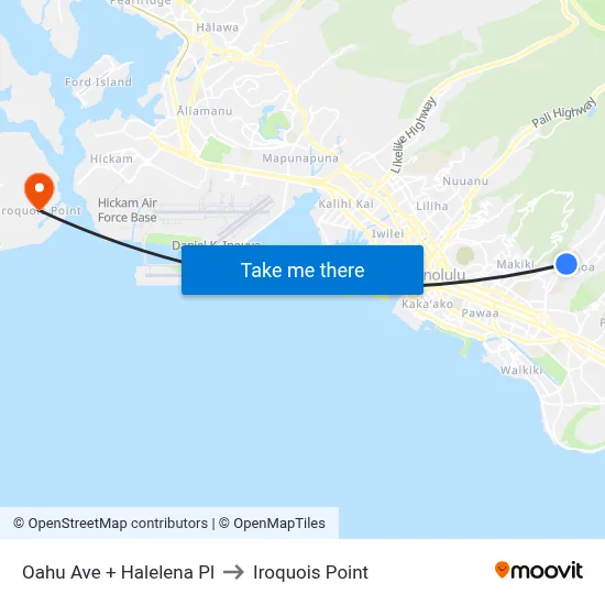 Oahu Ave + Halelena Pl to Iroquois Point map