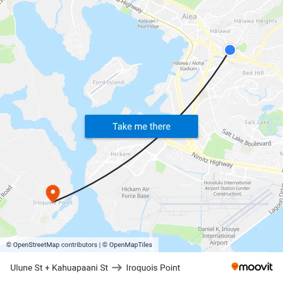 Ulune St + Kahuapaani St to Iroquois Point map